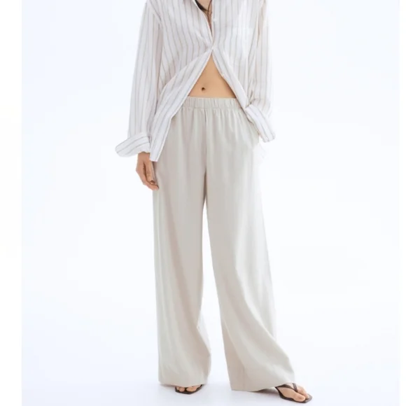 NEW! H&M Wide-Leg Linen-Blend Cream Pants Size XL - Picture 1 of 6
